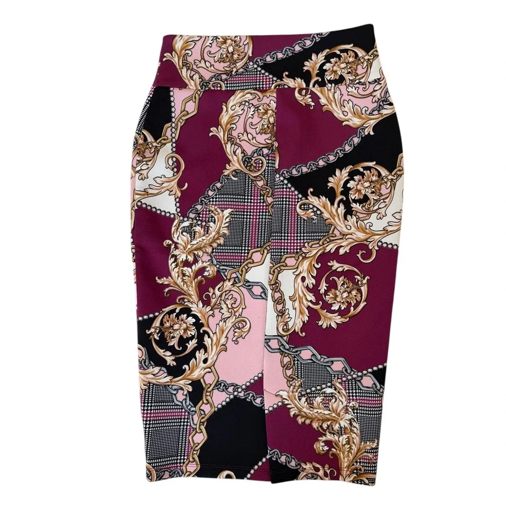 Thalia Sodi Womens Baroque Chain Print Pencil Skirt Burgundy Pink XS - Picture 3 of 7
